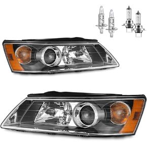 for 2006-2008 Hyundai Sonata Headlight Assembly Pair Replacement for 06 07 08 Sonata Black Housing Amber Reflector with Bulbs