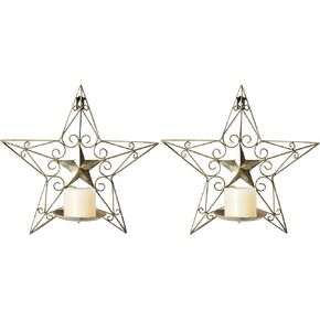 Candle Sconces Metal Wall Sconce Candle Holder Set of 2, Antique Gold Color Five Star Design Wall Mount Candleholder Wall Candle Holder Hanging for Living Room, Wedding, Fireplace, Farmhouse