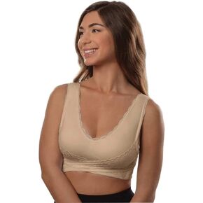 CaraMia Bra Padded Bralette, Seamless Comfort, Removable Pads, Lace Criss-Cross Straps, Wire-Free, Soft & Breathable, Ultimate Shaping Support and Coverage- Nude, X-Large