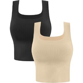 Eleplus 2 Pieces Seamless Cami Bras Ribbed Square Neck Longline Bralettes Crop Tank Tops