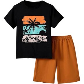 Boy's 2 Piece Outfits Short Sleeve Tropical Graphic Tee Shirts and Bermuda Shorts Summer Sets