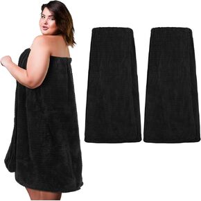 Tigeen 2 Pcs Towel Wrap for Women Lightweight Spa Robe with Adjustable Closure Elastic Top Soft Bathrobe Spa Wrap (Black, XXL-4XL)