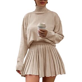 Women's 2 Piece Outfits Turtleneck Long Sleeve Oversized Pullover Sweaters and Pleated Mini Skirt Two Piece Sets