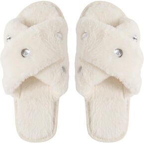 Verdusa Women's Rhinestone Slippers Cross Band Fuzzy House Slippers Open Toe Slide Slippers