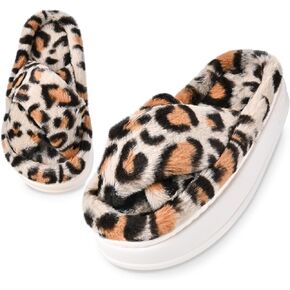 Fuzzy Open Toe House Slippers for Women, Plush Leopard Cross Band Slides, Soft Plush Faux Fur Lining Bedroom Shoes, Non-Slip Winter Indoor Slippers
