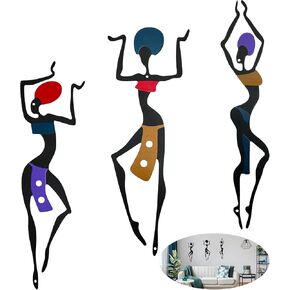 PUDASTO 3 Pieces African Wall Decor Art, Aesthetic Metal Art Wall Decor, Maximalist Hanging African Woman Wall Art, Ethnic Dance Style Drawing Wall Decor for Home Kitchen Bathroom Bedroom Living Room