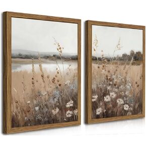 Wood Frame Vintage Wall Art Set of 2, Retro Farmhouse Wildflower Wall Decor Paintings Art Pictures, Country Floral Field Landscape Canvas Posters Prints for Bedroom Bathroom 12x16In Framed