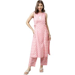 Women's Baby Pink Cotton A-line Kurta with Pant