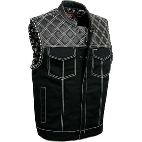 Milwaukee Leather MDM3035 Men's 'Wrecker' Black Denim and Leather Club Style Vest w/Diamond Quilt Design