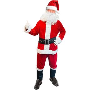 Deluxe Santa Claus Costume Set. Hat with Wig, Beard, Suit, Gloves, Belt, Pants, Boots Cover. Adult Size. Set of 7.