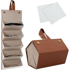 Sunglasses Organizer 5 Slots and 2PCS Eyeglass Cloth, Foldable Glasses Case, Multiple Pairs Eyeglass Holder (Coffee)