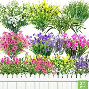 LELEE 24 Bundles Artificial Flowers for Outdoors, Artificial Plants UV Resistant Fake Flowers Greenery Shrubs Plants for Decoration Outdoor Plants Hanging Planter Home Garden Decor