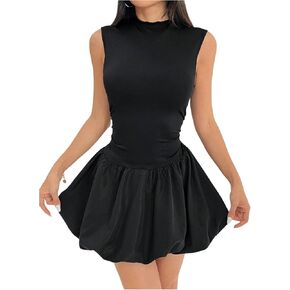 Verdusa Women's Mock Neck Sleeveless Bubble Dress A Line Ruffled Ruched Mini Dress