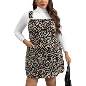 Floerns Women's Plus Size Cheetah Print Jumper Dress Corduroy Leopard Overall Suspender Skirt
