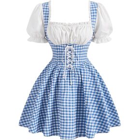 WDIRARA Women's Gingham Dress Puff Sleeve Lace Up Corset Flared Dress Vintage Cottagecore Square Neck Dresses