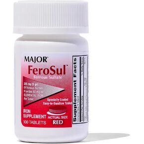 Major Ferosul - Ferrous Sulfate 325mg Tablets with 65mg of Elemental Iron - Iron Supplement for Women, Men - Red - 100 Tablets - Pack of 1