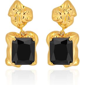 Chunky Gold Geometric Stud Earrings Trendy Vintage 14K Gold Plated Black Cubic Zirconia Statement Cocktail Earrings Dupes Jewelry for Women