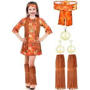 Haysandy Kids Hippie Costume Set 60s 70s Hippie Dress Peace Sign Party Accessories for Carnival Halloween Cosplay Party