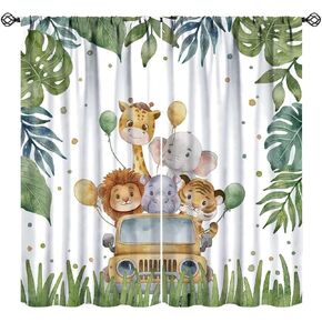 Jungle Safari Curtains for Kids, Cartoon Animals Giraffe Lion Elephant Tiger Tropical Forest Window Treatments for Baby Bedroom Nursery Home Party Decor, 42x45in （No Blackout）