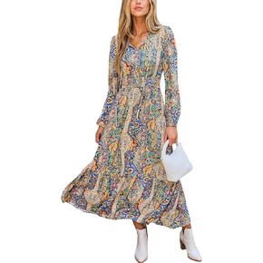 CUPSHE Women's Maxi Dress V Neck Boho Paisley Long Sleeve Smocked Waist A Line Casual Maxi Dress