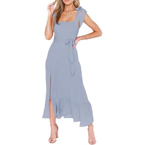Women's Summer Boho Side Split Ruffle A Line Square Neck Spaghetti Strap Beach Long Dress YH2311