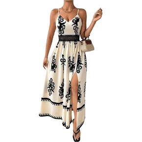 SHENHE Women's Floral Graphic V Neck Hollow Out Swing Dress A Line Split Thigh Sundress