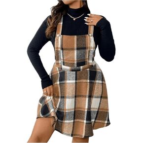 WDIRARA Women's Plus Size Plaid Pinafore Overall Dress Criss Cross Flared Short Dresses
