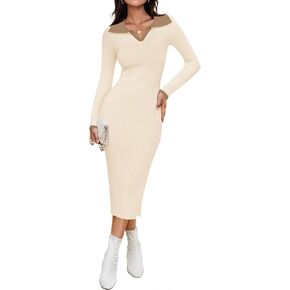 ZESICA Women's Spring Sweater Dresses Long Sleeve V Neck Ribbed Knit Midi Dress Causal Color Block Bodycon Dress