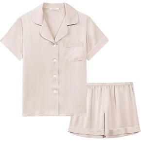 Joyaria Women Luxury Matte Satin Pajamas Super Soft Silky Summer Light Short Sleeve Button Down PJ Shorts Set S-XXL