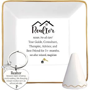 Realtor Gifts for Women, Realtor Jewelry Dish Trinket Tray Ceramic with Ring Holder, Realtor Keychain, Real Estate Agent Gifts for Women, Thank You Gift for Female Realtor Birthday Christmas