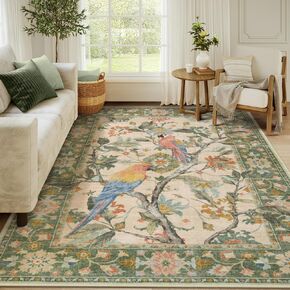 Lahome Botanical Birds Washable Green 8 x 10 Area Rugs for Living Room, Boho Soft Dining Room Rugs for Under Table, Large Vintage Indoor Floor Carpet for Bedroom Home Office (8x10ft,Green)