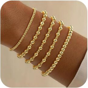 shownii Gold Bracelets for Women, Gold Stretch Beaded Bracelet 14K Gold Plated Bracelets Stackable Strand Bead Ball Bracelet Stack Adjustable Bracelets Set Gifts