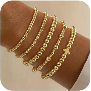 shownii Gold Bracelets for Women, Gold Stretch Beaded Bracelet 14K Gold Plated Bracelets Stackable Strand Bead Ball Bracelet Stack Adjustable Bracelets Set Gifts in Saudi Arabia