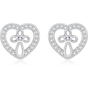 Heart Cross Earrings Stud 925 Sterling Silver Christian Faith Religious Jewelry Gifts for Women