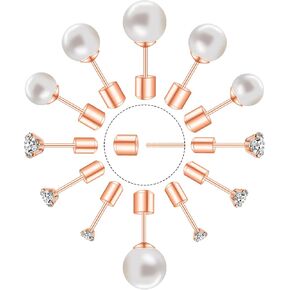 Threadless Pearl Stud Earrings for Women: 6 Pairs Gold Flat Back Earrings Push in Flatback Small 2 3 4mm CZ Studs Trendy Surgical Stainless Steel Hypoallergenic Aretes De Mujer Easy to Wear