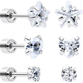 Body Candy Flat Back Earrings Studs - 3 Pairs of Stylish Surgical Stainless Steel Flat Back Earrings for Women - Sparkly CZ Stud Earrings Set for Women Men for Earlobes and Cartilage Hypoallergenic