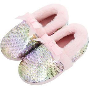 Girls Fluffy Sequin Slippers, Cozy Plush House Slippers with Ribbon Bow for Girls Bedroom Indoor Outdoor