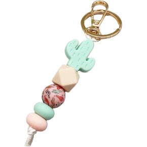 Silicone Beaded Wristlet Bracelet Keychain, Cute Cactus Beaded Bangle Elastic Keys Ring Holder Chains for Women Gift