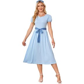 Women Halloween Costumes Crewneck Long Maxi Dresses with Bow Belt