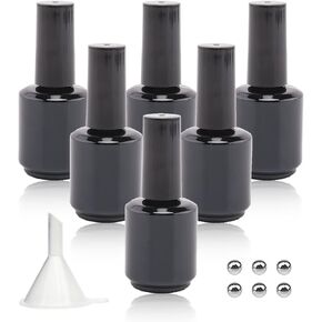 Empty Gel Nail Polish Bottles, 15ML Empty Nail Polish Bottles with Brush Matte Black, Opaque Round Refillable Fingernail Polish Bottles UV Safe with Mixing Balls & Funnels, Pack of 6 (Matte Black)