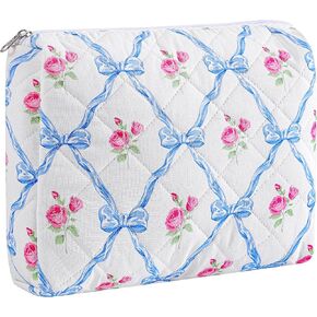 Cute Floral Makeup Bag Small Cotton Quilted Cosmetic Bag, Aesthetic Essential Bag Toiletry Period Bag for Women Travel Accessories (Blue Floral)