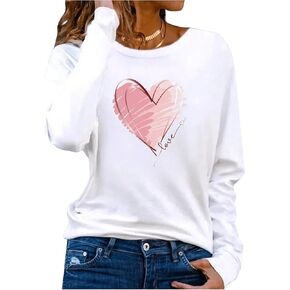 Women's Long Sleeve T Shirt Heart Print Crewneck Drop Shoulder Pullover Tops Vintage Tees
