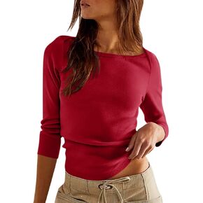 3/4 Sleeve Tops for Women Boat Neck Tshirts Ribbed Knit Basic Casual Slim Fit Tee Shirts