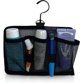 Hangable Mesh Shower Travel Kit Caddy - Large Capacity Travel Organizer with 3 Compartments and 2 Elastic Bands (black) (Swivel Hook)