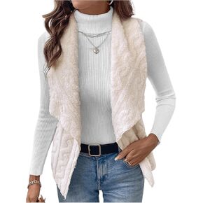 Women's Open Front Fuzzy Cardigan Vest Waterfall Collar Sleeveless Teddy Jacket