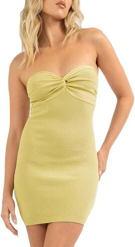 Sdencin Women Sexy Twist Knot Front Ribbed Knit Bodycon Bandeau Tube Mini Dress Solid Strapless Short Pencil Party Dress in Saudi Arabia