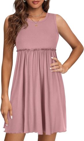 LYANER Women's Rib Knit Round Neck Frill Trim Flowy Shift Sleeveless Tank Mini Short Dress in Kuwait