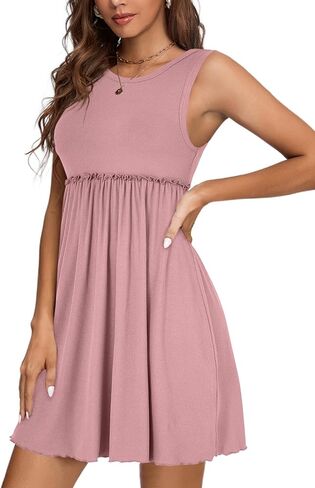 LYANER Women's Rib Knit Round Neck Frill Trim Flowy Shift Sleeveless Tank Mini Short Dress in Kuwait
