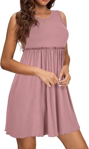 LYANER Women's Rib Knit Round Neck Frill Trim Flowy Shift Sleeveless Tank Mini Short Dress in Kuwait