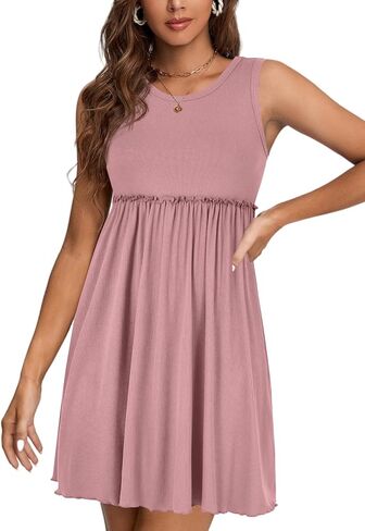 LYANER Women's Rib Knit Round Neck Frill Trim Flowy Shift Sleeveless Tank Mini Short Dress in Kuwait